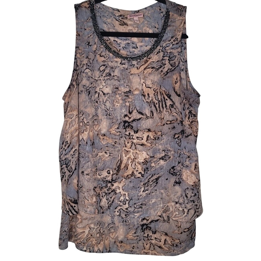 Juicy Couture Size L Beaded Neck Abstract Sleeveless Tank Gray Beige Black Artsy